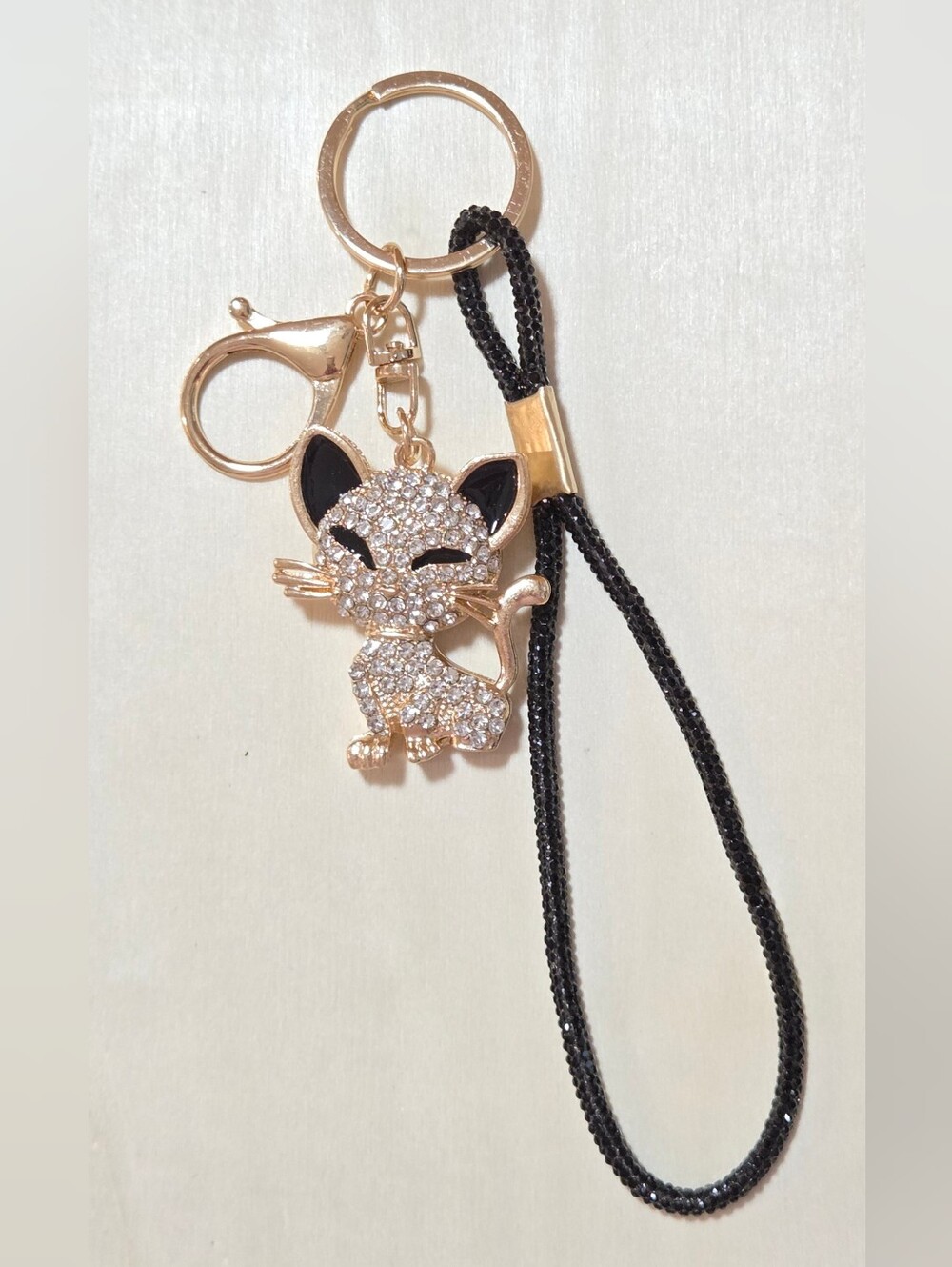 Crystal Encrusted Kitten Purse Charm Wristlet Lanyard Keychain Gold & Black - Picture 4 of 12